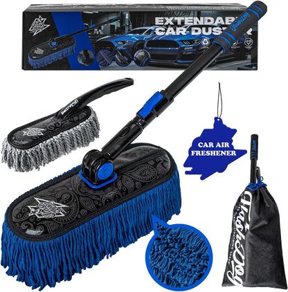 Flash Dog Car Duster Exterior with Car Duster Interior Wax Cotton Hair Scratch Free Cleaning for Cars, SUVs, Trucks | Waterless Dust Remover & Detailing Brushes Set with Storage