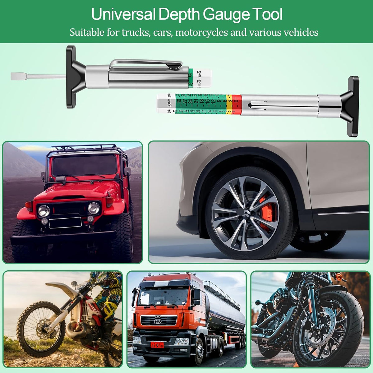 3-Pcs Tire Tread Depth Gauge in 1/32 Inch, Color Coded Tire Depth Gauge with Pocket Clip, Tread Depth Accurate Measurement Tools for Car, Trucks, SUV, Motorcycle, Bike (with 5Pcs Tire Valve Stem Caps)