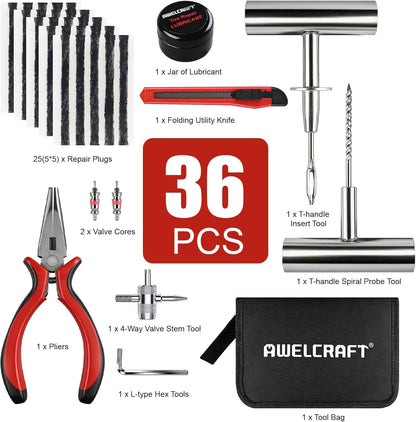 AWELCRAFT 10-Piece Economical Tire Repair Kit – Flat Tire Plug Kit with T-Handle Tools, Storage Case – Fix Punctures Fast, No Tire Removal Needed – Ideal for Car, Truck, Motorcycle, ATV