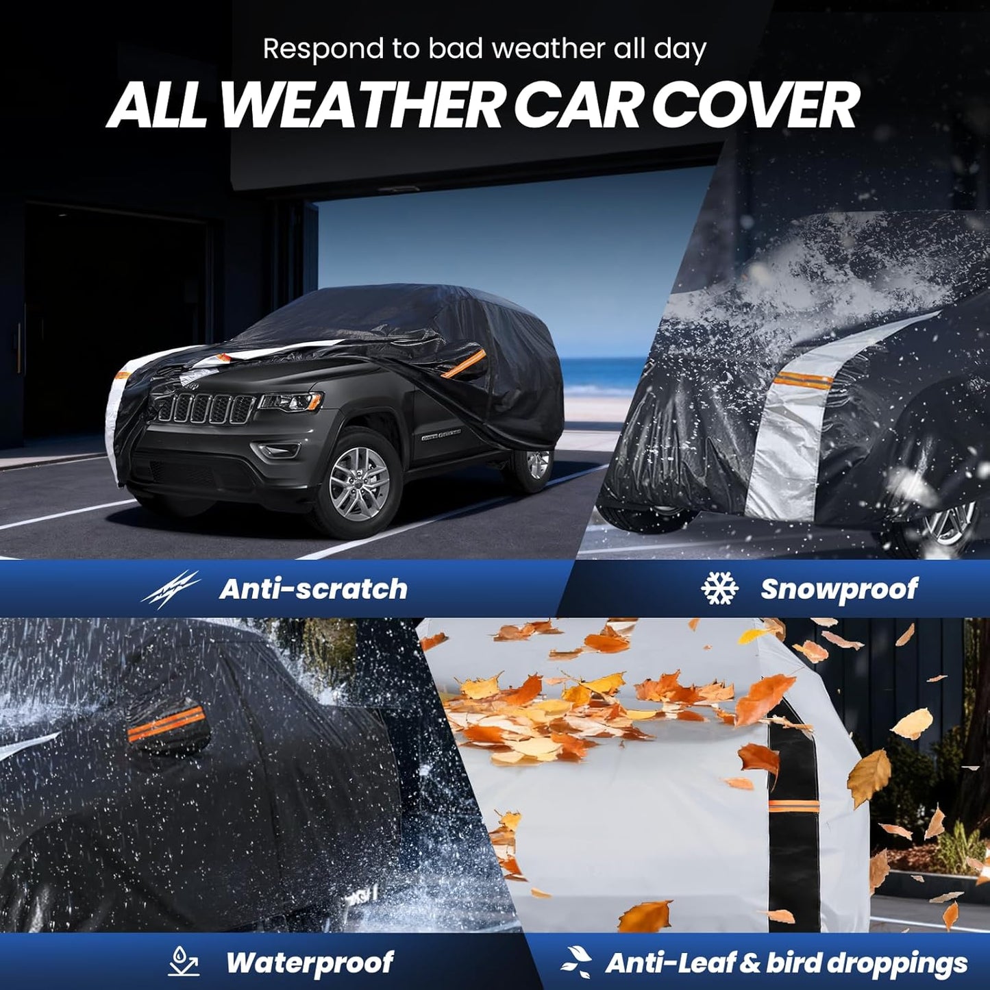 Large SUV Car Cover for Chevy Suburban 100% Waterproof All Weather, Heavy Duty Outdoor Full Exterior Covers Rain Sun Wind UV Protection. - Colors C
