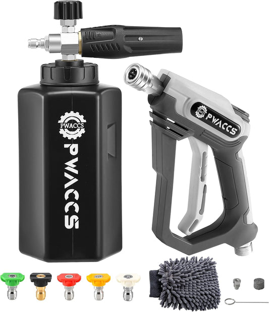 PWACCS Pressure Washer Foam Gun, Short Pressure Washer Gun, Foam Cannon for Car Wash Kit with 1/4" Quick Connector, Pressure Wash Handle for Power Washer with M22 Male Inlet, 4000 PSI, 1.5 Liter
