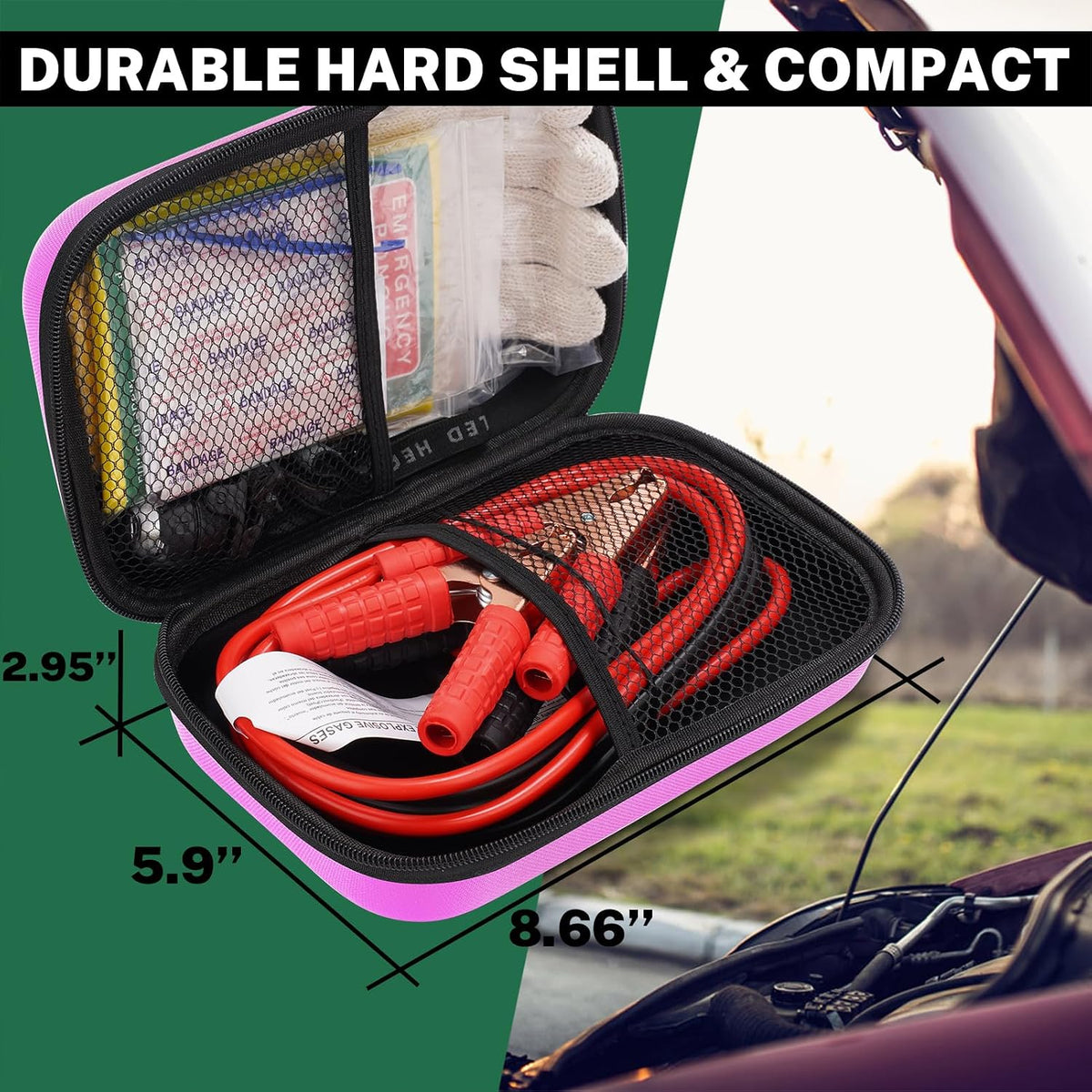 Car Roadside Emergency Kit with Battery Jumper Cables,Car Accessories for Men or Women,Automotive Safety Kit for Car,Vehicle, Truck or SUV,Gifts for Men or Him,Green