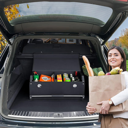 XCF Car Trunk Organizer, Leather Trunk Organizer for SUV with Lid and Sturdy Handle Car Storage Organizer (Black, 20.47 x 11.42 x 12.2in)