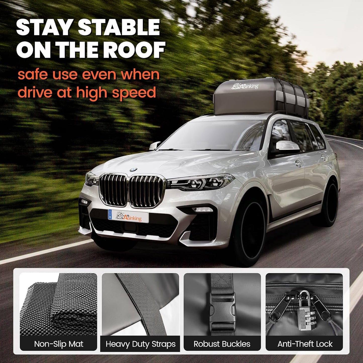 Asinking Car Rooftop Cargo Carrier Bag - 100% Waterproof Heavy Duty Car Roof Luggage Carrier 21 Cubic Feet, Fits All Vehicles with/Without Roof Rack - Easy Install & Triply Reinforced for Secure Use