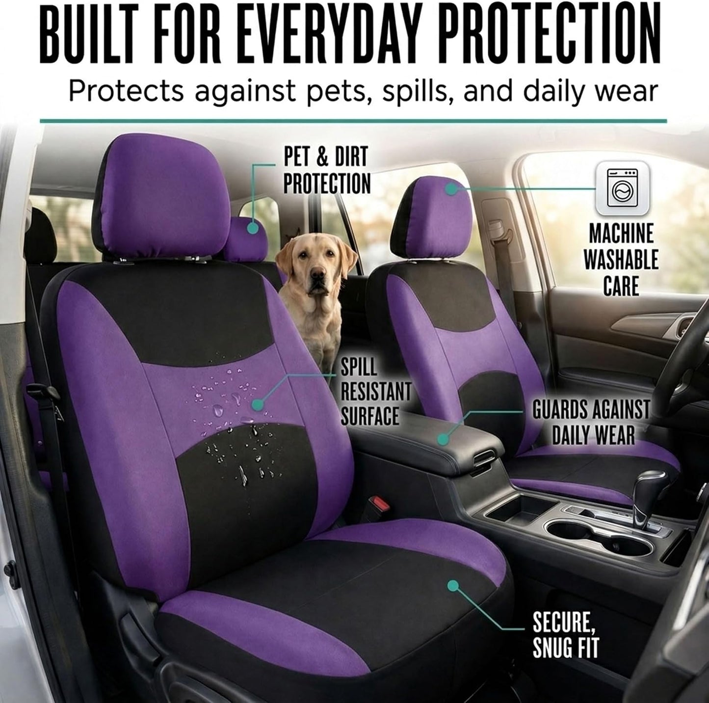 FH Group Full Set Cloth Car Seat Covers, Universal Fit Front and Split Bench Rear, Airbag Compatible, Washable for SUV, Sedan, Van - Black
