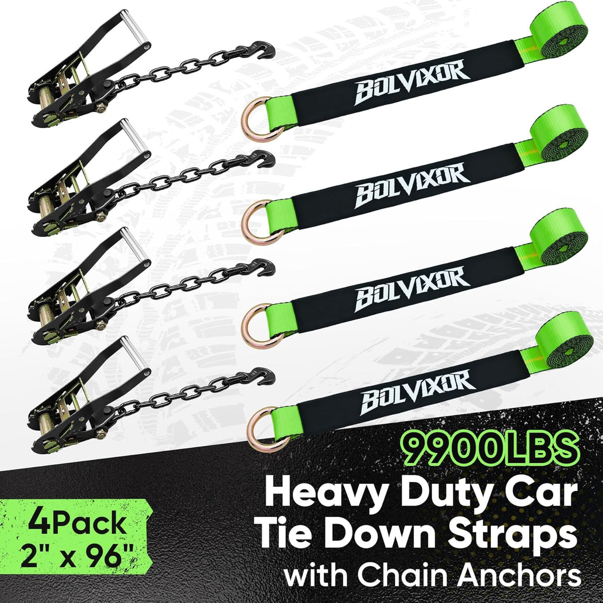 4 Pack Car Tie Down Straps for Trailers - 2" x 96" - 9900LBS Break Strength - Tire Ratchet Straps with Heavy Duty Chain Anchors for Hauling UTV, SUV, Truck, Any Cars