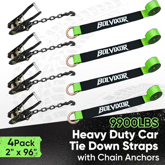4 Pack Car Tie Down Straps for Trailers - 2" x 96" - 9900LBS Break Strength - Tire Ratchet Straps with Heavy Duty Chain Anchors for Hauling UTV, SUV, Truck, Any Cars