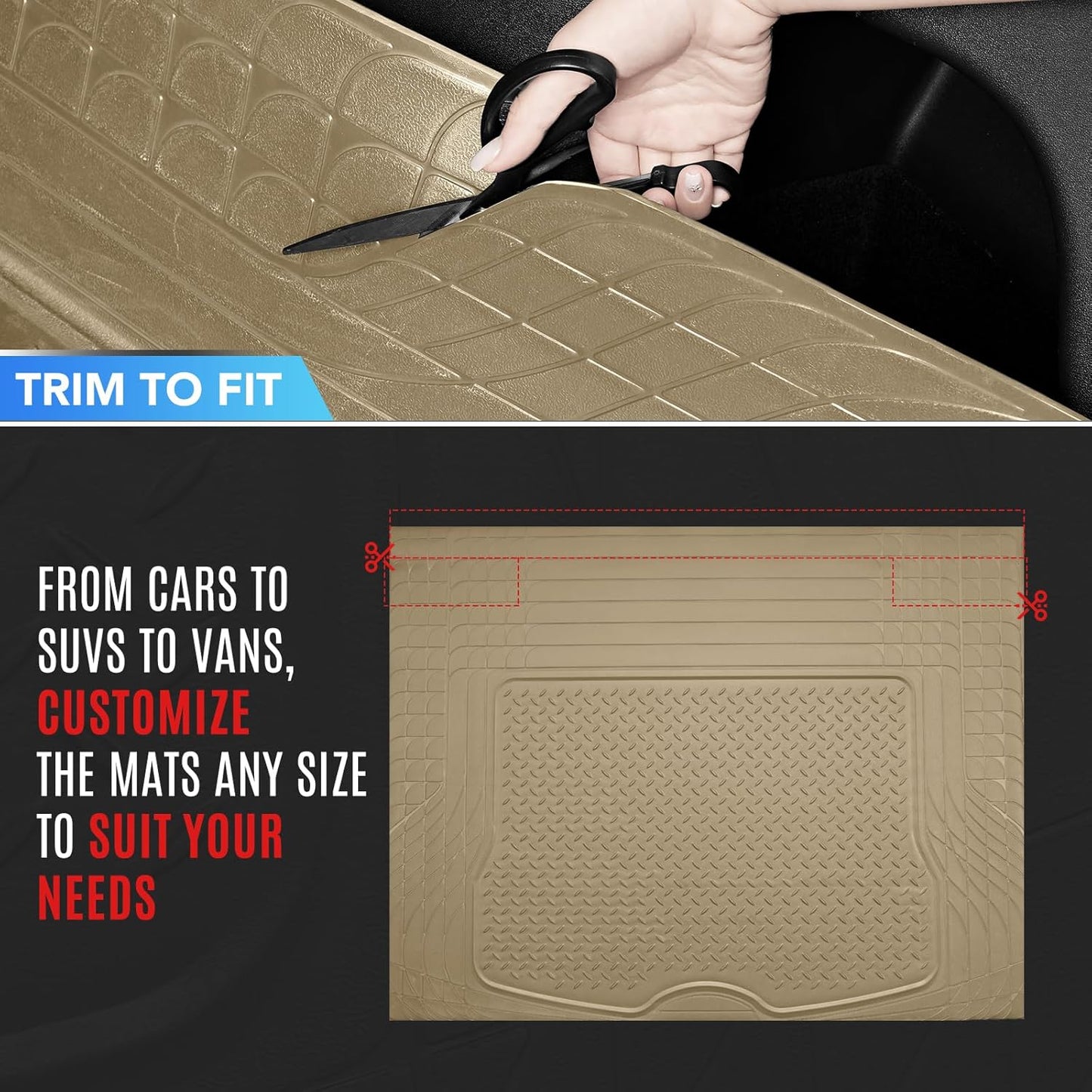 PIC AUTO Heavy Duty Cargo Liner, Trimmable All-Weather Rubber Trunk Mat for Cars, SUVs, Vans & Trucks, Anti-Slip Backing, Durable Protection, Large, Black