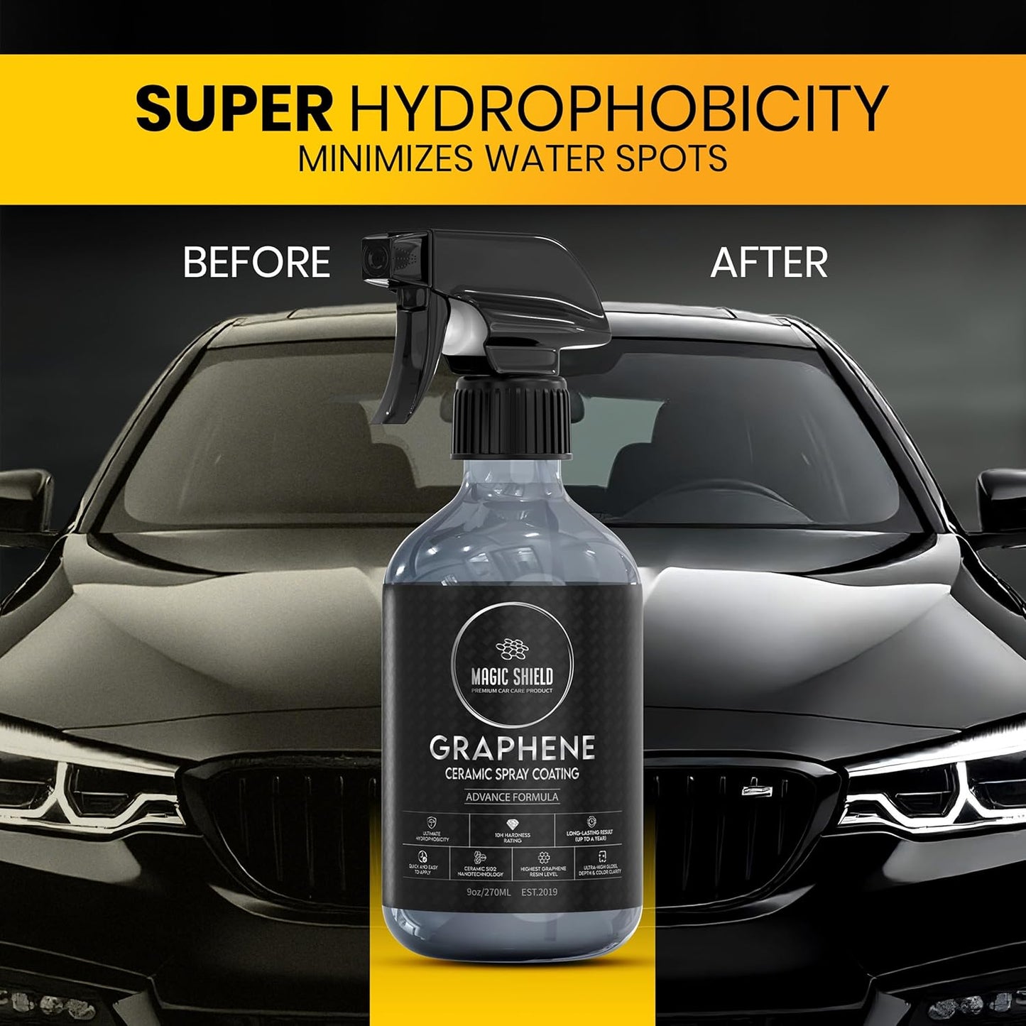 Magic Shield Graphene Ceramic Spray Coating - LAST SO LONG! Quick & Easy for Cars, Motorcycles, Boats & More - Professional-Grade Sealant for Maximum Gloss & Shine - Waterless Wash & Wax - 16oz Bottle