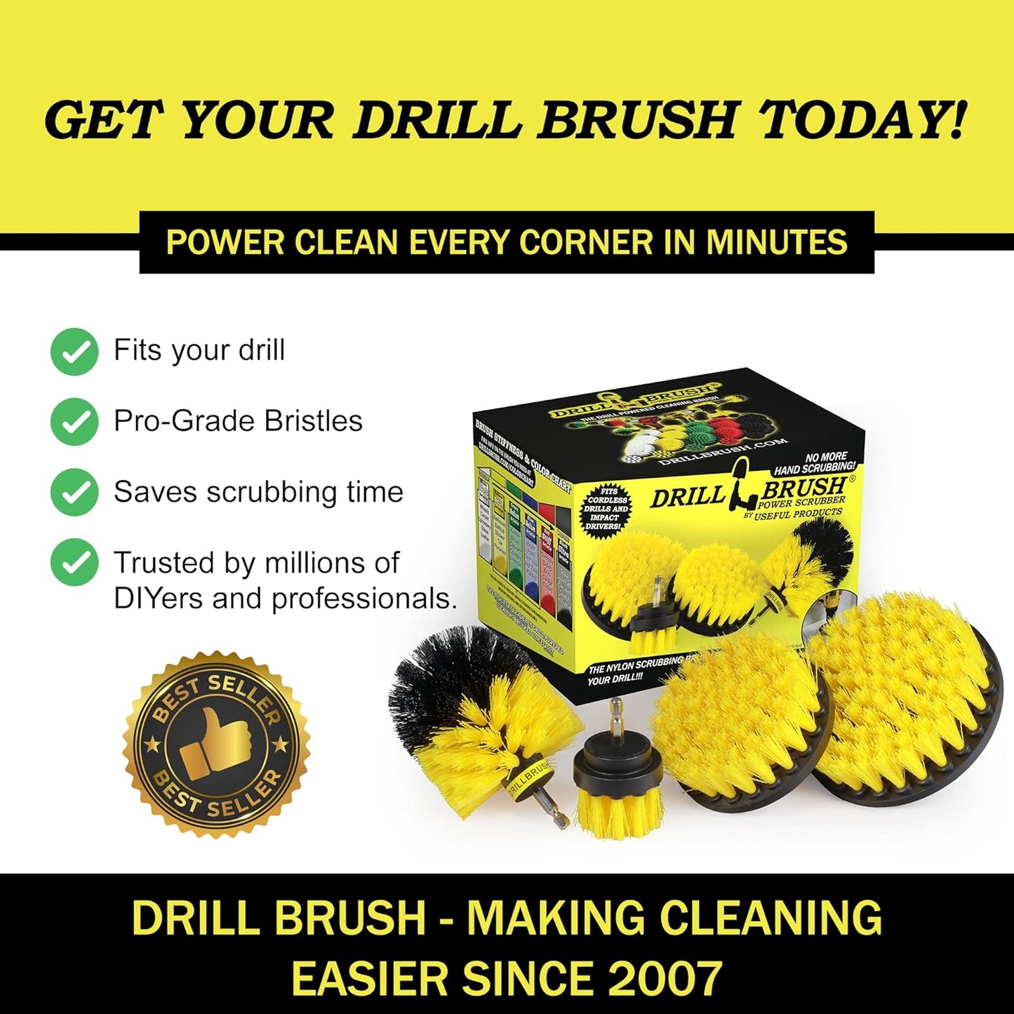 Interior Car Detailing Drill Brush Set - Soft Bristle Power Scrubber Attachments for Cleaning Car, Truck, Upholstery, Carpet, Leather, Seats, Wheels, Rims, Dash, Console, & Trim - Nylon Auto Scrubber