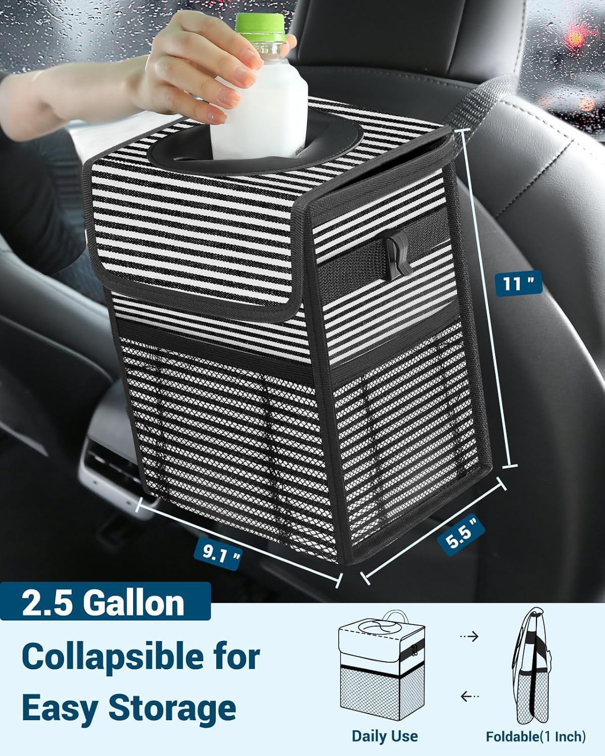 Capolo Car Trash Can with Lid, Leakproof Car Trash Bag Hanging Waterproof Automotive Garbage Can with Storage Pockets Mini Vehicle Trash Bin for Back/Front Seat(Black,2.5 Gallon)