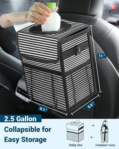 Capolo Car Trash Can with Lid, Leakproof Car Trash Bag Hanging Waterproof Automotive Garbage Can with Storage Pockets Mini Vehicle Trash Bin for Back/Front Seat(Black,2.5 Gallon)