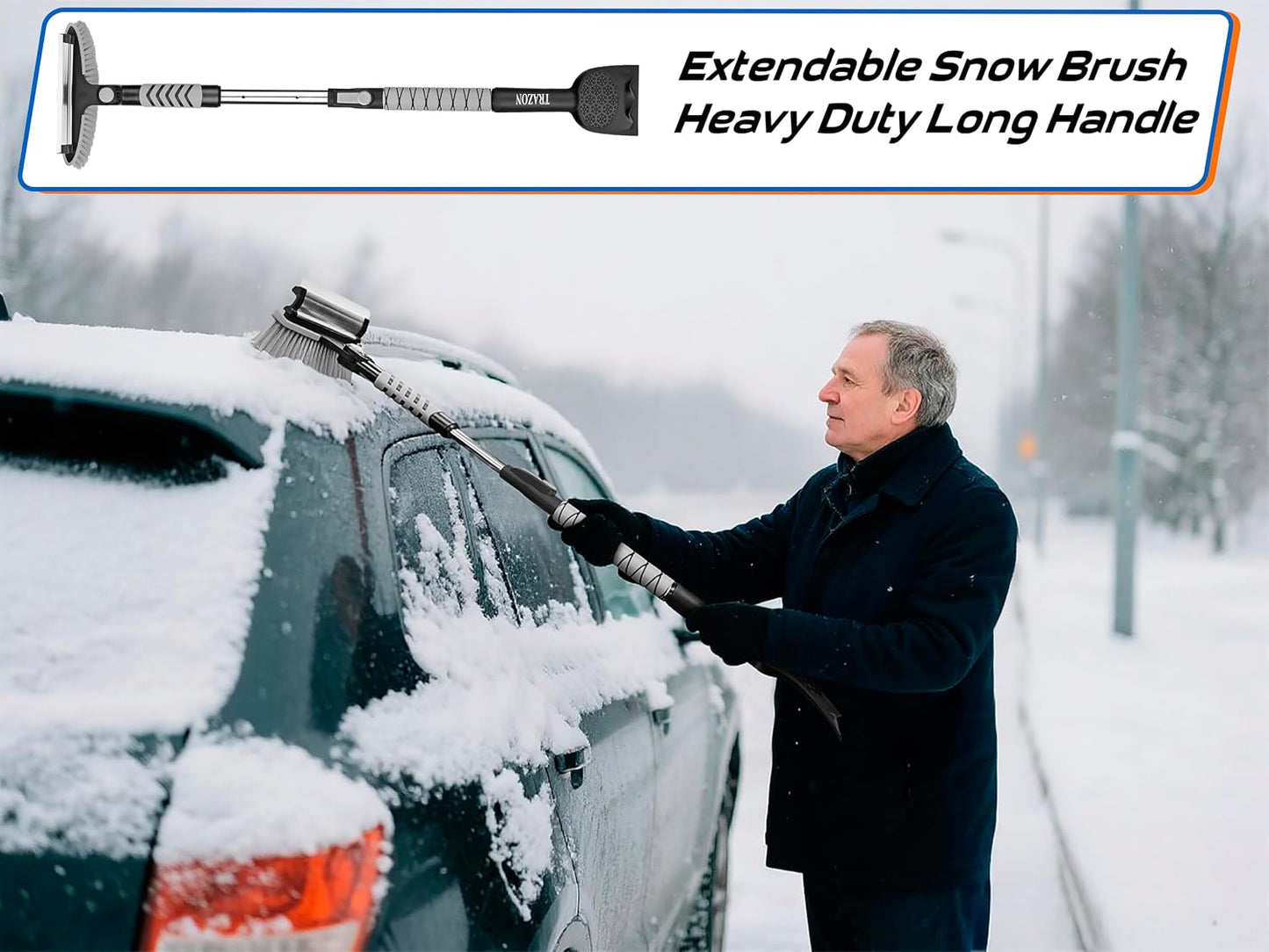 Trazon 42.4" Extendable Snow Brush & Mini Snow Shovel/Ice Scraper for Car Windshield with Foam Grip for Cars, SUV, Trucks, Detachable Сar Scraper, No Scratch, Heavy Duty Long Handle, Ice Remover