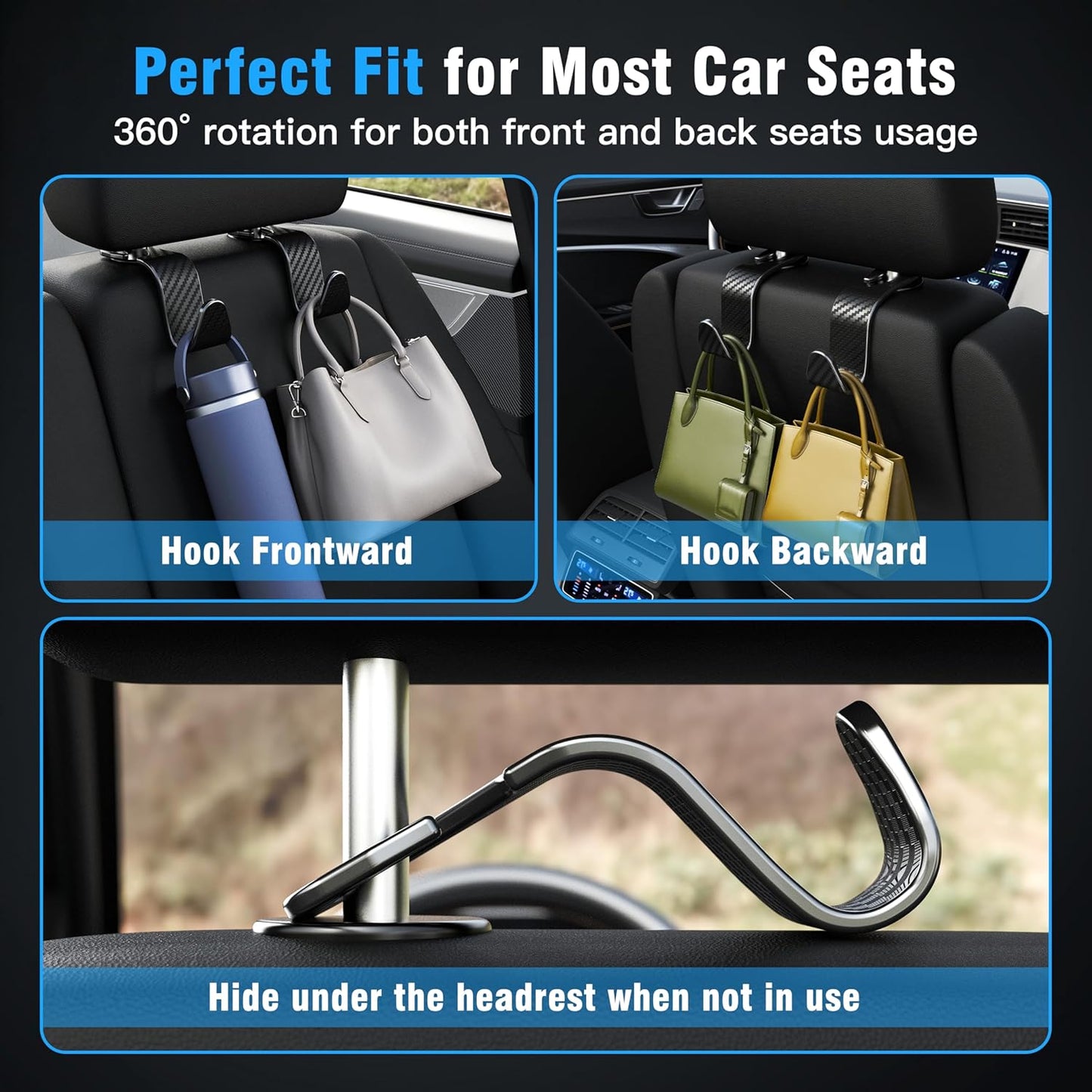 Amooca 4-Pack Car Headrest Hooks Vehicle Storage Organizer for Purses Handbags Groceries Backpack Coats –Holds 55lbs 360° Rotating Black