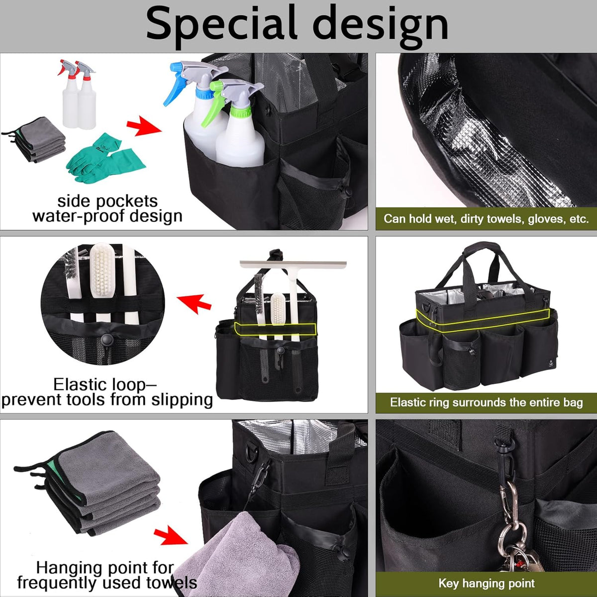 Large Cleaning Caddy Bag Built-in Sturdy Support Board, Cleaning Organizer with Detachable Divider, Cleaning Supply Tote with Adjustable Shoulder Strap&Waist Belt for Cleaners & Housekeeper