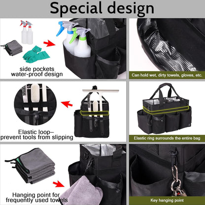 Large Cleaning Caddy Bag Built-in Sturdy Support Board, Cleaning Organizer with Detachable Divider, Cleaning Supply Tote with Adjustable Shoulder Strap&Waist Belt for Cleaners & Housekeeper