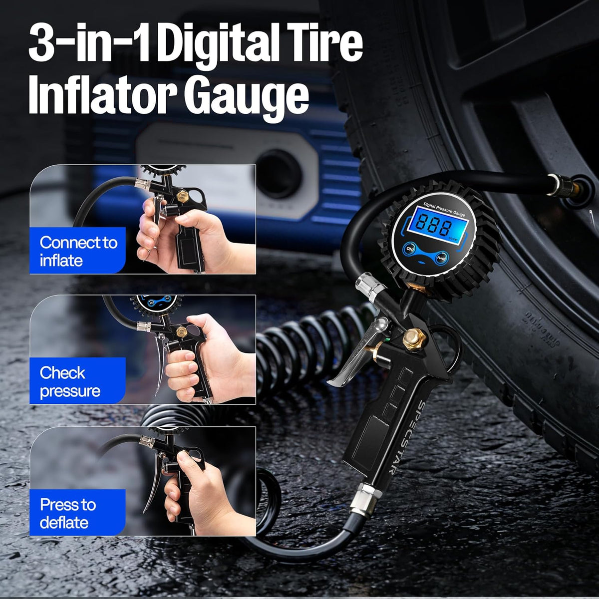 SPECSTAR 2 Pack Digital Tire Inflator with Pressure Gauge, Night Available 250 PSI Air Chuck and Compressor Accessories with Rubber Hose and Quick Connect Attachment for 0.1 Display Resolution