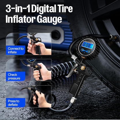 SPECSTAR 2 Pack Digital Tire Inflator with Pressure Gauge, Night Available 250 PSI Air Chuck and Compressor Accessories with Rubber Hose and Quick Connect Attachment for 0.1 Display Resolution