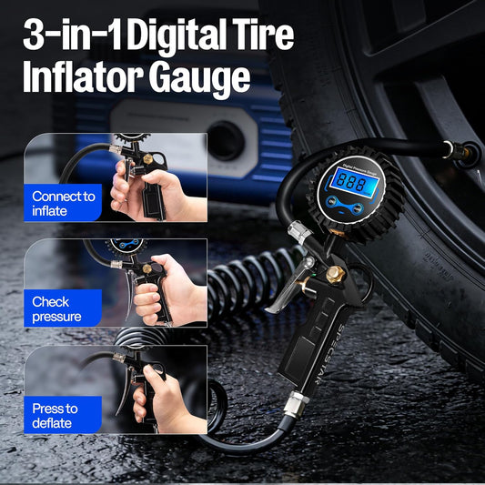 SPECSTAR 2 Pack Digital Tire Inflator with Pressure Gauge, Night Available 250 PSI Air Chuck and Compressor Accessories with Rubber Hose and Quick Connect Attachment for 0.1 Display Resolution