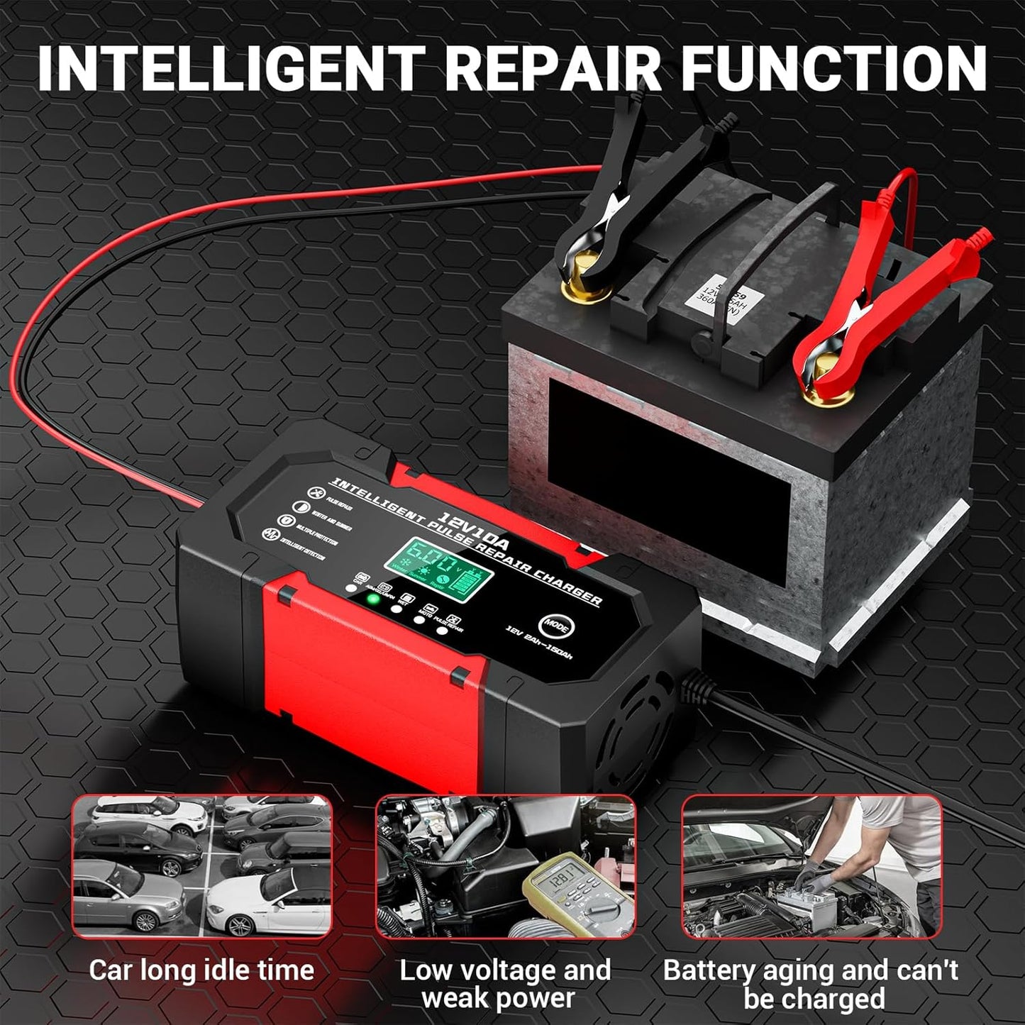 Battery Charger 15A 12V Fully Automatic Smart Trickle Car Battery Charger Maintainer with LCD Display & Temperature Compensation for Car Truck Motorcycle Lawn Mower Boat