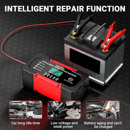 Battery Charger 15A 12V Fully Automatic Smart Trickle Car Battery Charger Maintainer with LCD Display & Temperature Compensation for Car Truck Motorcycle Lawn Mower Boat