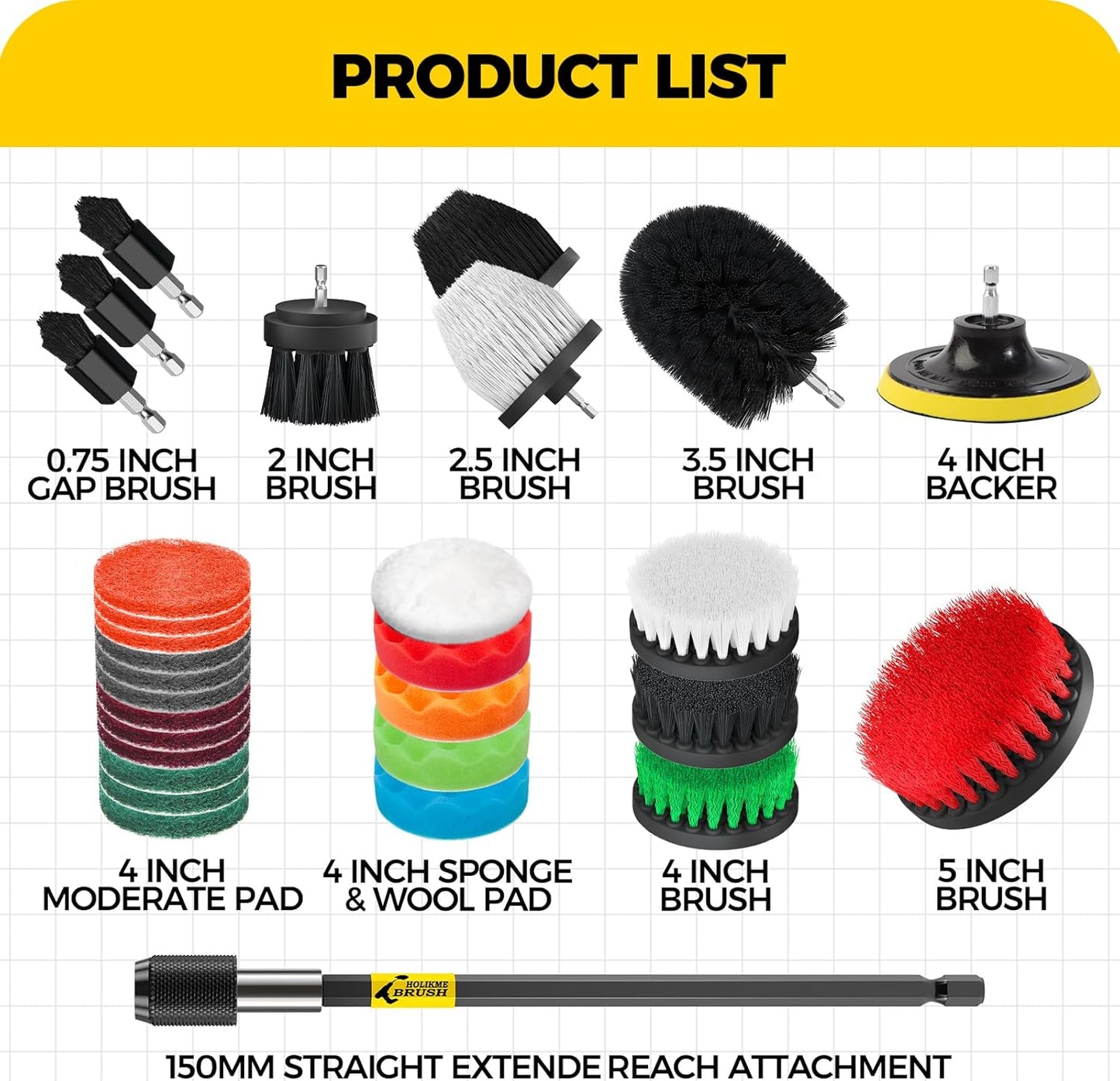 Holikme 30Pack Drill Brush Attachments Set,Scrub Pads & Sponge, Power Scrubber Brush with Extend Long Attachment All Purpose Clean for Grout, Tiles, Sinks, Car Polishing Pads,Bristle Discs