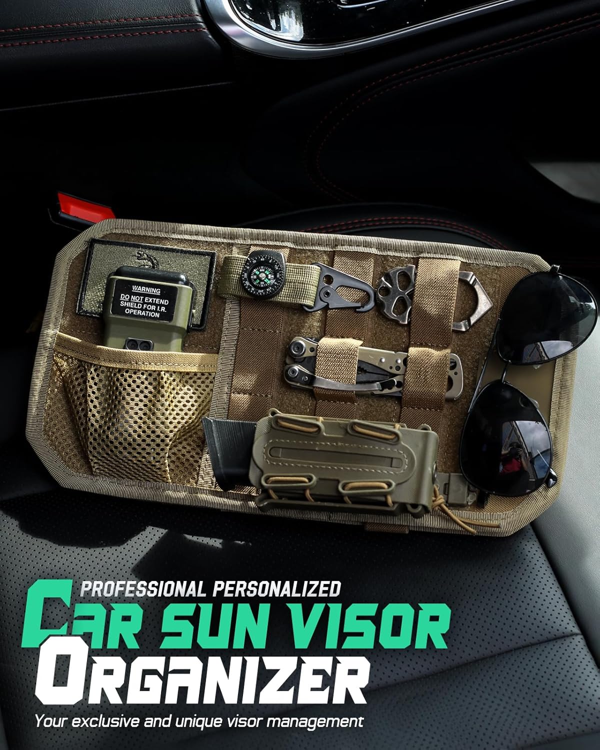 LIVANS Tactical Car Sun Visor Organizer, Auto Accessories Semi-Rigid Molle Panel with Zipper Storage Pouch & Glasses Holder, Gift for Car Gear, Fit Cars, Trucks, Suvs, Jeeps & Patrols (Gray)