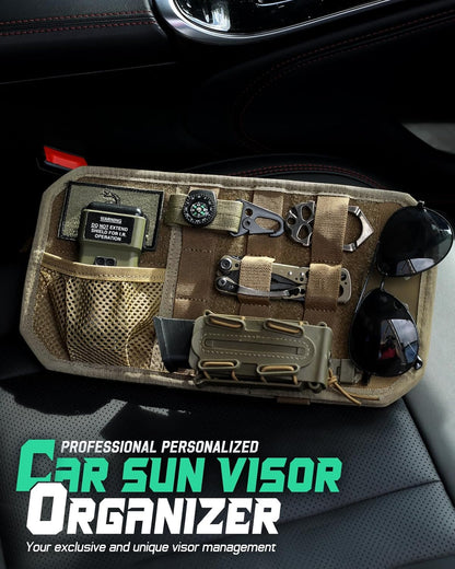 LIVANS Tactical Car Sun Visor Organizer, Auto Accessories Semi-Rigid Molle Panel with Zipper Storage Pouch & Glasses Holder, Gift for Car Gear, Fit Cars, Trucks, Suvs, Jeeps & Patrols (Gray)