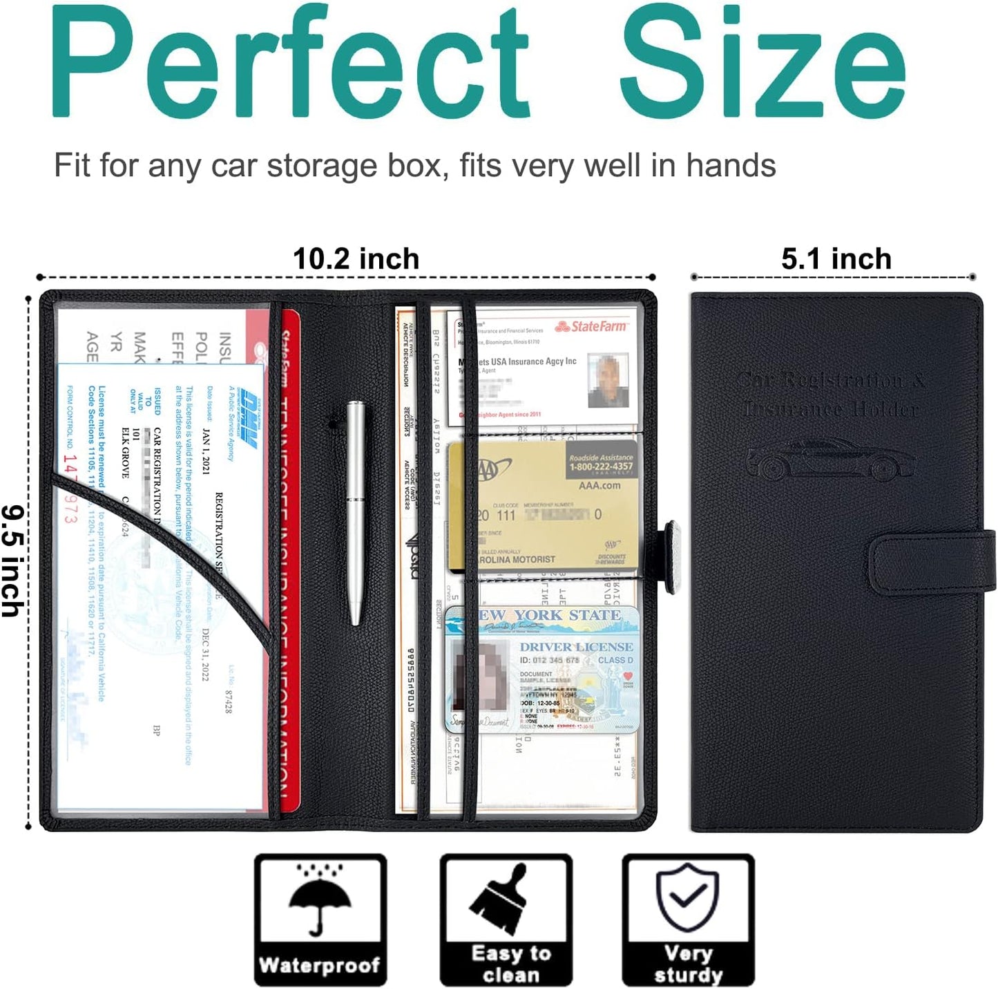 RSAquar Car Registration and Insurance Holder, Vehicle Glove Box Organizer Cool Car Accessories, Auto Truck Document Holder for Cards, Driver License, Black Glitter