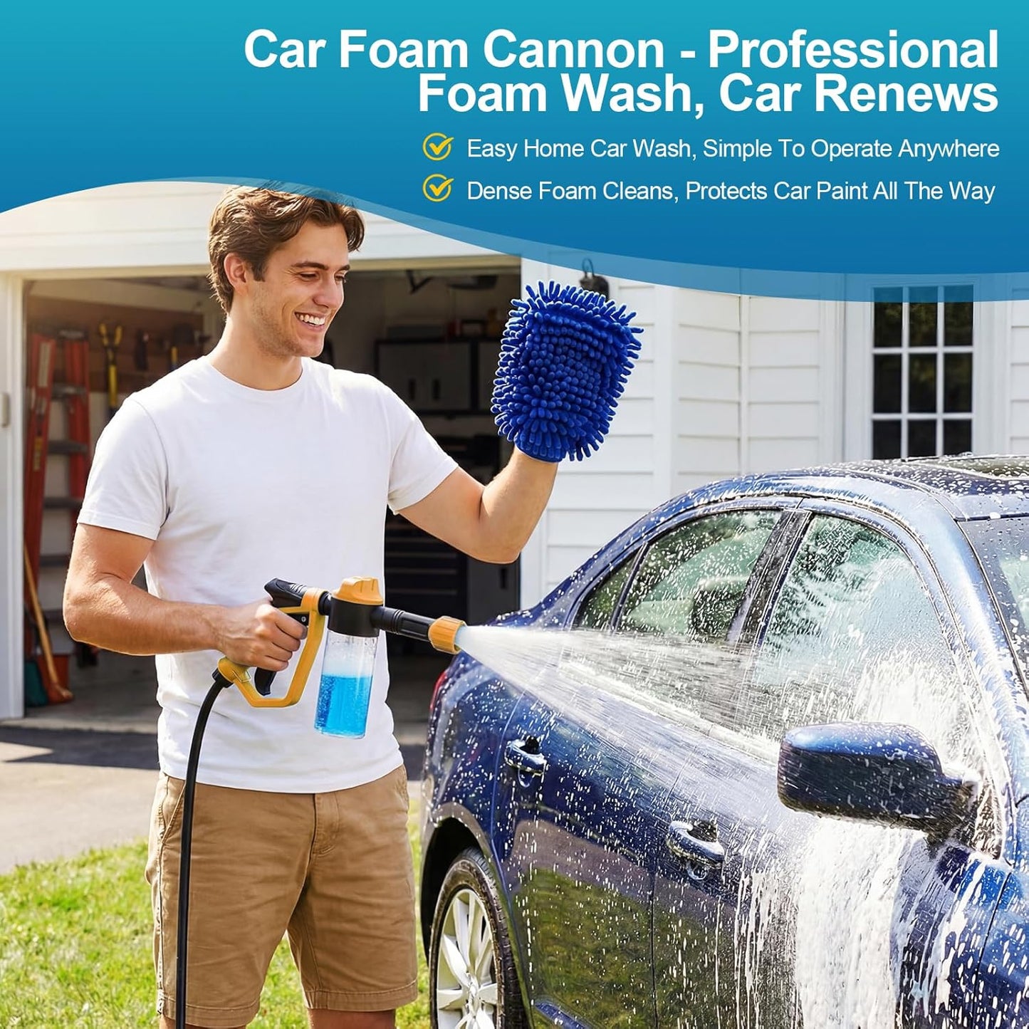 Car Wash Foam Gun for Garden Hose, Foam Cannon Car Wash Kit with Microfiber Wash Mitt, High Pressure Nozzle & 3 Spray Modes, Hose Foam Blaster for Cars, Trucks, RV, Motorcycle Cleaning - Orange