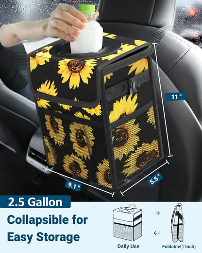 Capolo Car Trash Can with Lid, Leakproof Car Trash Bag Hanging Waterproof Automotive Garbage Can with Storage Pockets Mini Vehicle Trash Bin for Back/Front Seat(Black,2.5 Gallon)