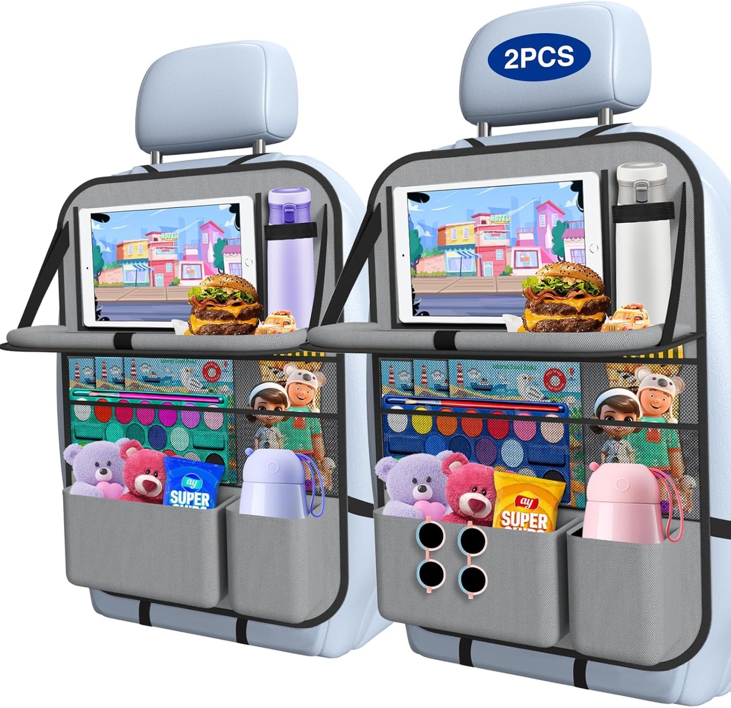 Car Backseat Organizer with table Tray(1Pack) 9 Storage Pockets Backseat Car Organizer with Tablet Holder, Back seat Organizer for Kids Road Trip Essentials Travel