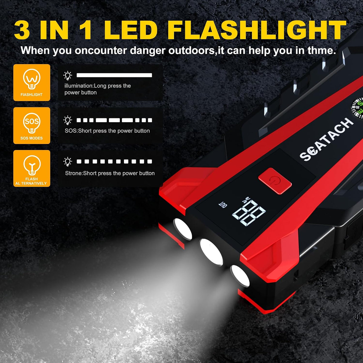 Scatach 3000A Car Battery Jump Starter,12V Jump Starter Battery Pack Portable (up to 9.0L Gasoline and 7.0L Diesel Engine), Jump Box with 3 Modes Flashlight and Jumper Cables