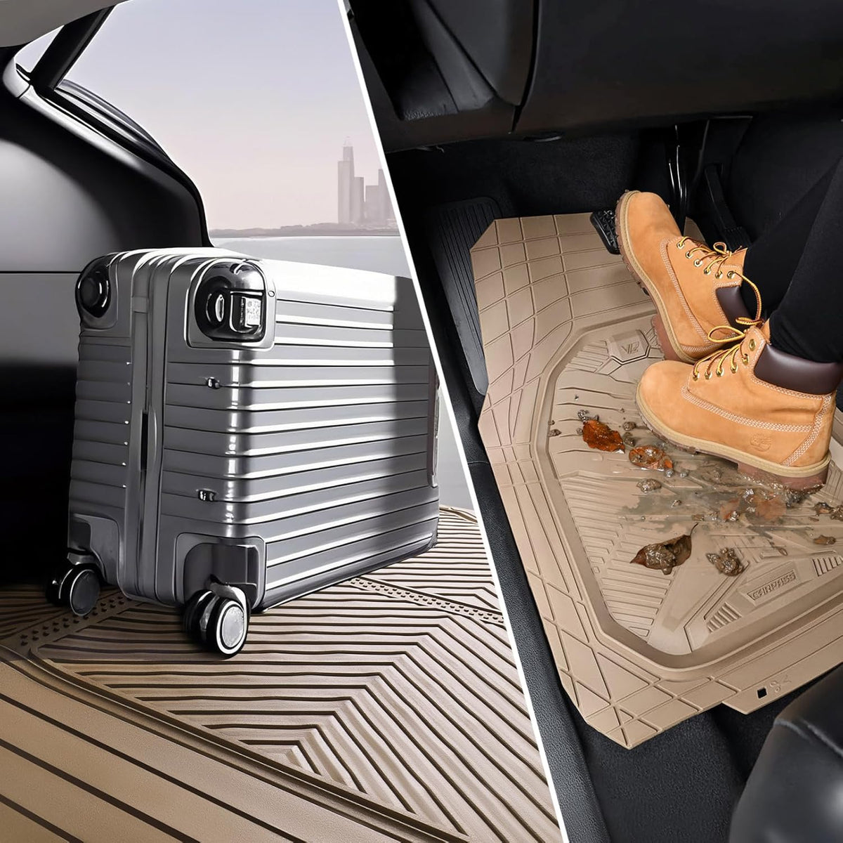CAR PASS Heavy Duty Rubber Car Mats with Cargo Liner, Deep-Dish Car Floor Mats and Trunk Mat All Weather, Universal Trim-to-Fit for SUVs Trucks Sedans, Waterproof Anti-Slip, Trimmable V12 Black