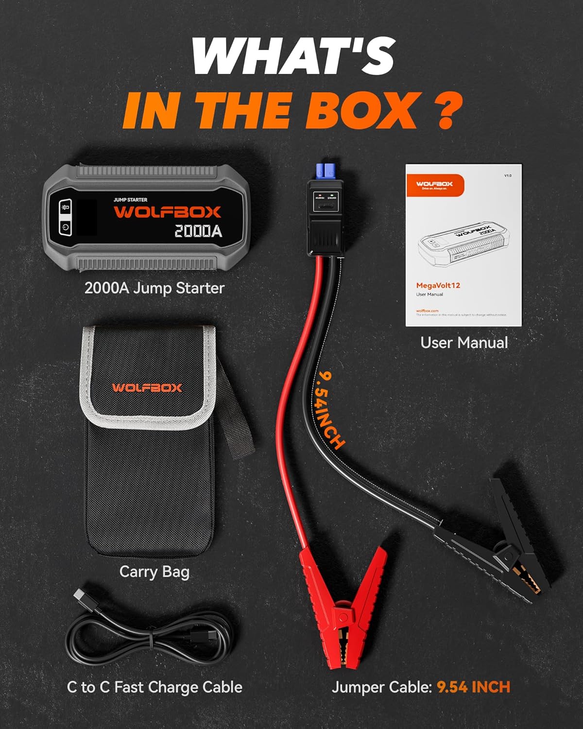 WOLFBOX 4000A Jump Starter,12V Car Battery Jumper Starter Portable with 65W Quick Charger,LED Display,88.8Wh Booster Jump Box Pack (10L Gas 10L Diesel Engine) with LED Light,Jumper Cables, MV24
