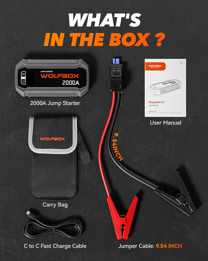 WOLFBOX 4000A Jump Starter,12V Car Battery Jumper Starter Portable with 65W Quick Charger,LED Display,88.8Wh Booster Jump Box Pack (10L Gas 10L Diesel Engine) with LED Light,Jumper Cables, MV24