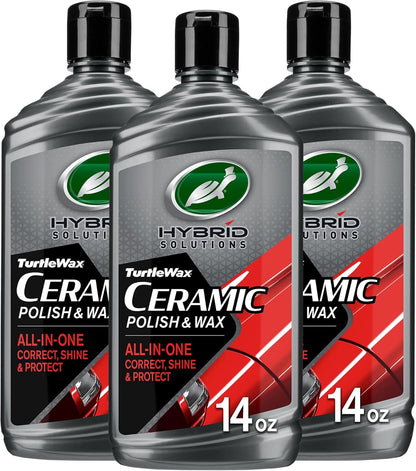 Turtle Wax Hybrid Solutions Ceramic Car Polish and Wax, Light Scratch Remover, Durable Paint Protection, Extreme Water Beading, High Gloss Shine, Hand or Machine Polisher Use, 14 oz (Pack of 1)
