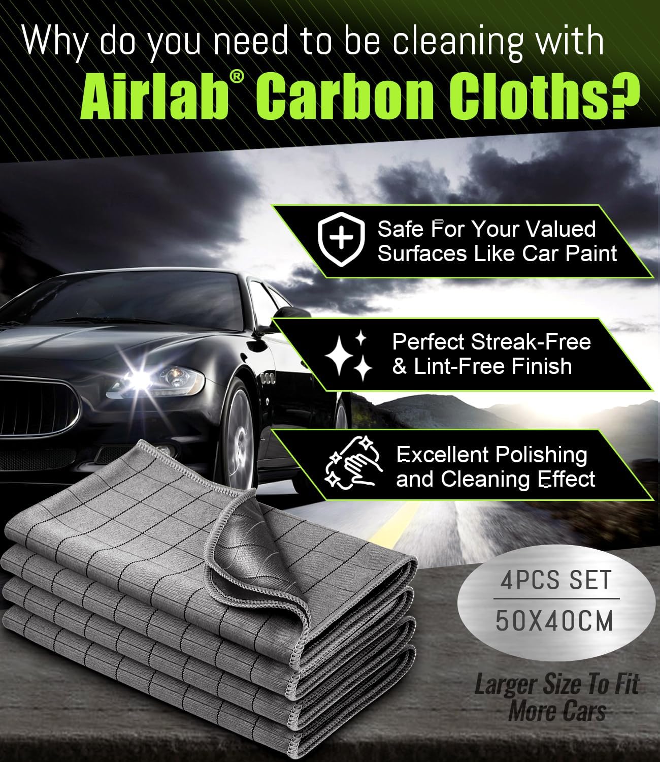 Airlab Microfiber Towels for Cars Wash Drying Thick Plush Cleaning Cloth Auto Detailing Super Absorbent for Interior & Exterior Lint Free, Streak Free, 16" X 16", 800 GSM, Pack of 4