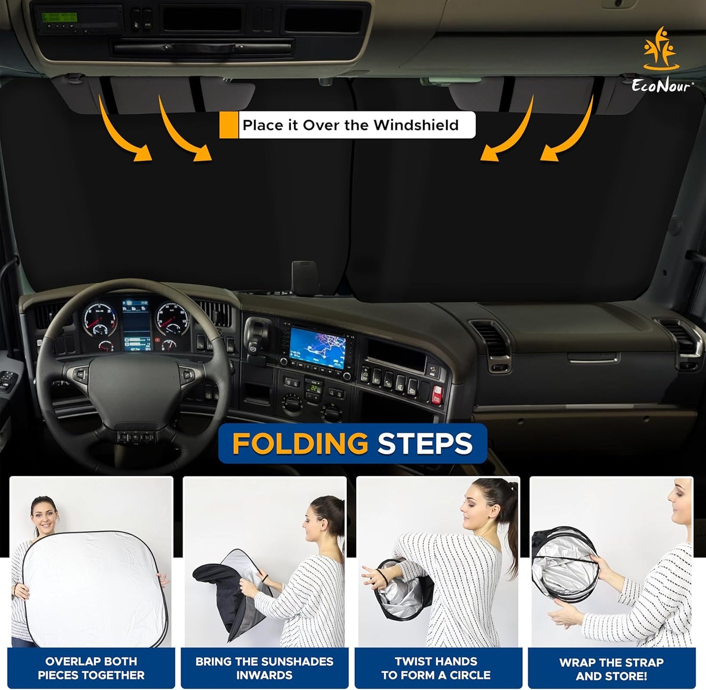EcoNour 2 Piece Foldable Car Windshield Sun Shade – UV & Heat Protection, Interior Cooling, Durable Upgraded Design, Easy Fold, Front Window Sunshade - Medium (31" L x 28" W)