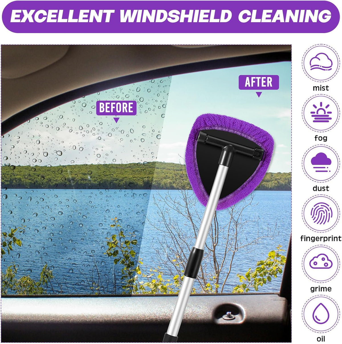 Potchen 8 Pcs Car Windshield Cleaner Tool Kit with Extendable Handle, Microfiber Towel Pads, Brush, Empty Spray Bottle for Auto Glass Wiper Suvs Rvs & Home Windows(Purple)