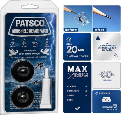 Patsco Windshield Repair Kit Resin Patch System (2 Pack), No Tools or Injector Needed, Fix Rock Chips & Small Cracks Fast, Easy Alternative to DIY Repair Kits, Made in USA