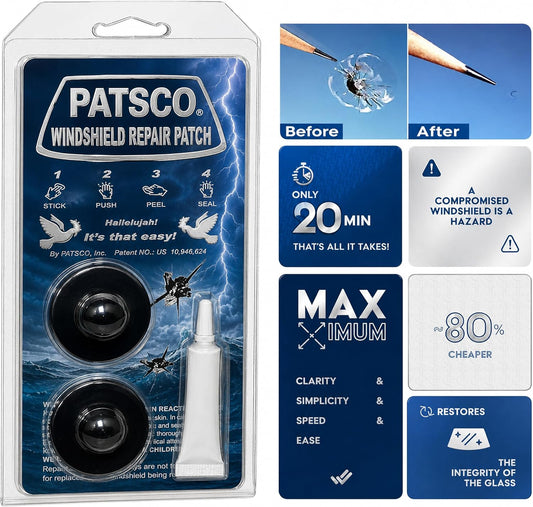 Patsco Windshield Repair Kit Resin Patch System (2 Pack), No Tools or Injector Needed, Fix Rock Chips & Small Cracks Fast, Easy Alternative to DIY Repair Kits, Made in USA