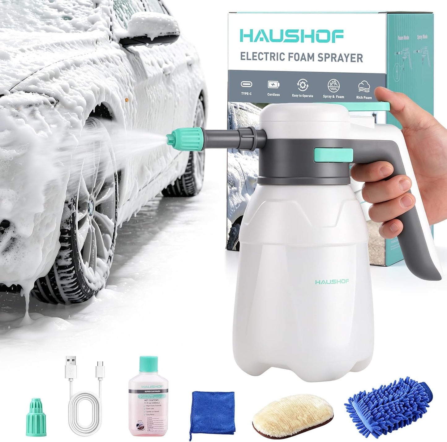 HAUSHOF 61 fl oz Electric Foam Sprayer, USB Rechargeable with 11 fl oz Car Wash Liquid, Cordless Automatic Pressurized Foam Sprayer for Car Washing, Auto Detailing, Home & Garden