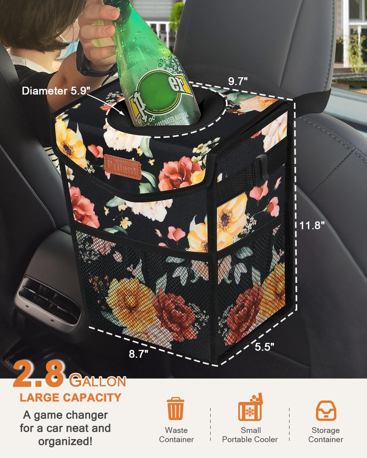 Pritent Car Trash Can with Lid, Cute Leakproof Car Trash Garbage Bag Hanging Vehicle Trash Bin Small Portable Automotive Garbage Cans Organizer for Back/Front Seat/Console(Trapezoid,Black)