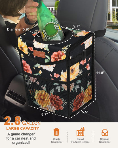 Pritent Car Trash Can with Lid, Cute Leakproof Car Trash Garbage Bag Hanging Vehicle Trash Bin Small Portable Automotive Garbage Cans Organizer for Back/Front Seat/Console(Trapezoid,Black)