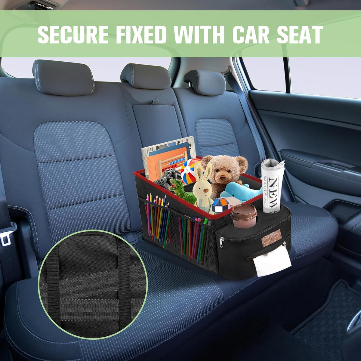FUNNy elf Car Backseat Organizer for Cars, Collapsible Front Seat Organizer with 4 Cup Holders, Storage Pockets & Dividers, Passenger Seat Organizer for SUV, Truck, Sedan