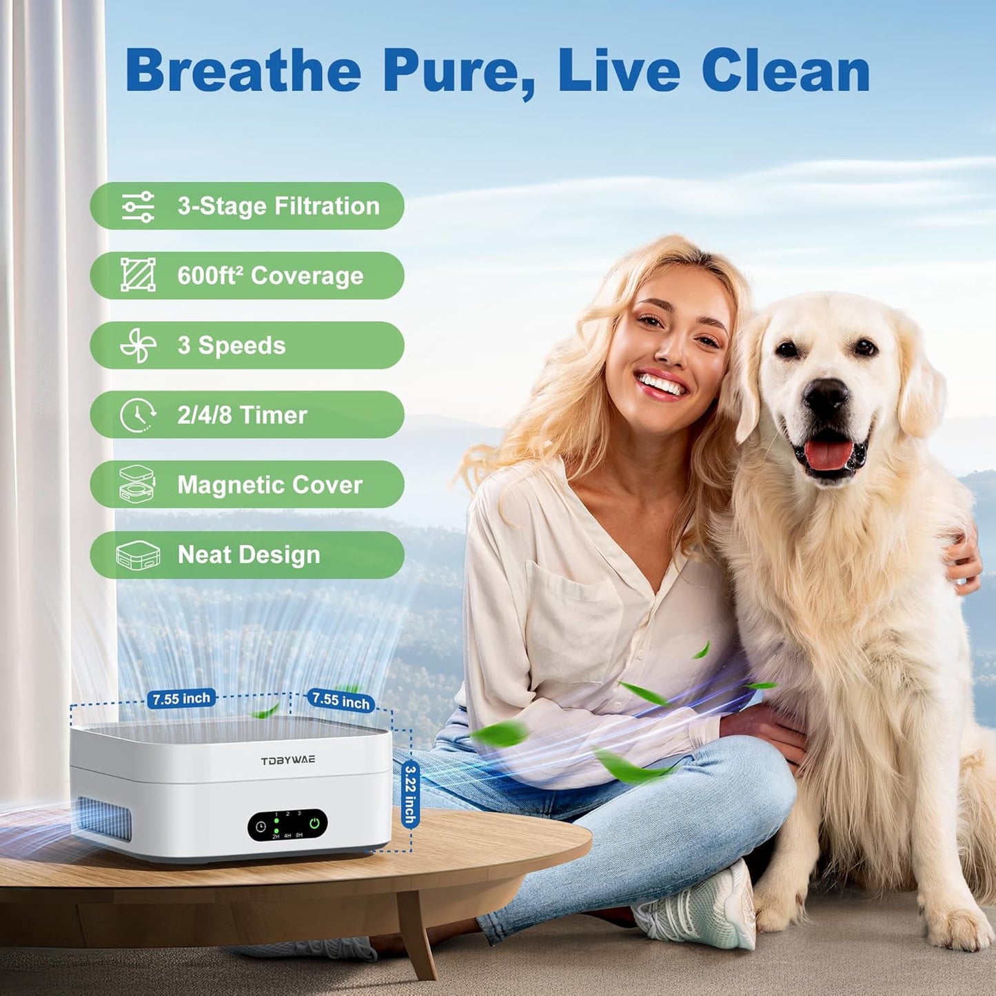 Air Purifiers for Home 600 Sq.Ft, TDBYWAE H13 True HEPA Air Purifier with USB Cable for Pets Dust Dander Pollen Odor Smoke, Small Portable Air Purifier for Bedroom Office Desktop Car RV