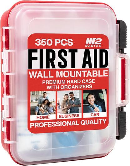 M2 BASICS 350 Piece Professional Wall-Mount First Aid Kit, Home, Business | Dual-Layer Hard Case, Office, Warehouse, Jobsite, Garage, Vehicle, Workplace Safety, Classroom And Emergency Readiness