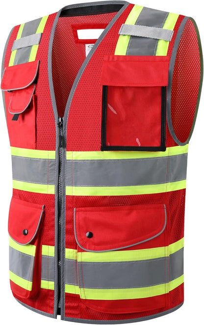 JKSafety 9 Pockets Class 2 High Visibility Zipper Front Safety Vest With Reflective Strips,Meets ANSI/ISEA Standard (Large, 150-Yellow) - Colors B