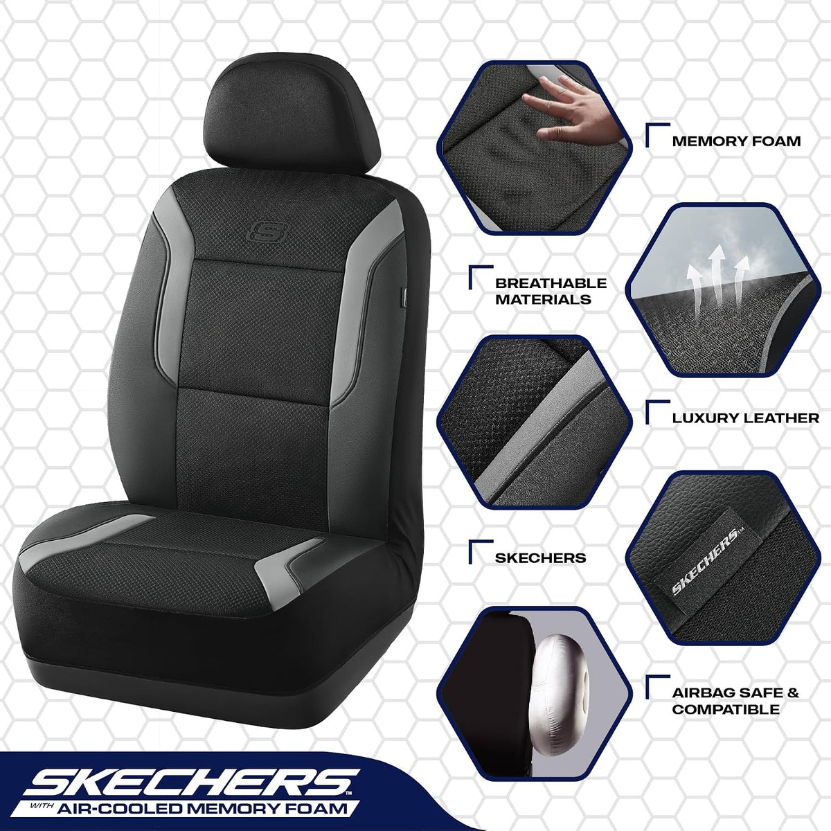 Skechers Memory Foam Seat Covers, Air Cool Mesh Thick Car Seat Covers, Car Seat Covers Front Seats Airbag Compatible, Universal Automotive Comfort for Most Cars, Vans, Trucks, SUV,Black